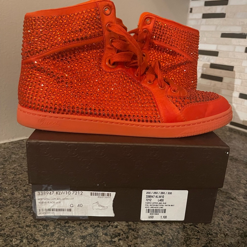 Gucci Rhinestone Covered Coda Hi-Top Sneaker in Hot Orange 40